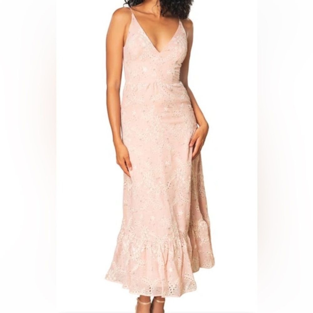 Dress the Population Pink Floral Eyelet‎ Maxi Dress V-Neck Ruffle Small (775)
